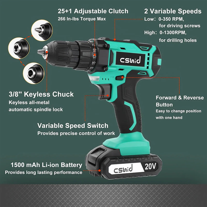 20V Cordless Drill, Electric Power Drill Set with 1 Battery & Charger, 3/8" Keyless Chuck, 2 Variable Speed & LED Light, 266 In-Lb Torque, 25+1 Position and 34Pcs Drill/Driver Bits(Green) - Puck's