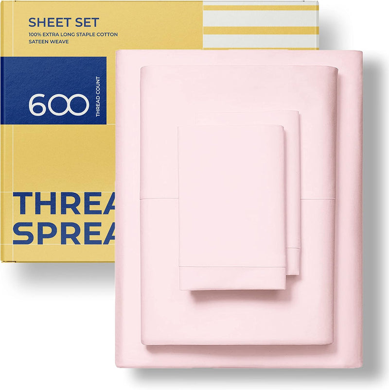 Pure Egyptian Quality Queen Size Cotton Bed Sheet Set - 600 TC Luxury 4 Piece 100% Cotton Bedsheets and Pillow Cases for Queen Beds - Soft, Sateen Weave, Deep Pocket Fitted and Flat Sheets - (Blush) - Puck's