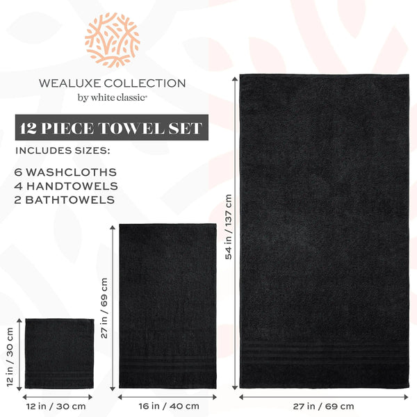12 Pcs Bath Towel Set for Bathroom Wealuxe Collection Black 100% Cotton Soft - Puck's