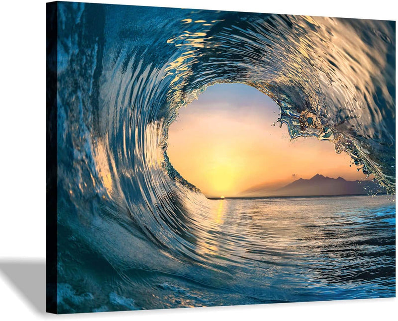 Ocean Wave Picture Wall Art: Tropical Seascape Sunset Canvas Prints for Office (16'' X 12'' X 1 Panel) - Puck's