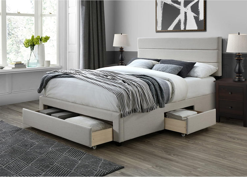 Flynn Bed Frame - Beige Fabric Upholstered Panel Bed Frame with Storage Drawers – Wood Queen Bed Frame with Headboard - Modern Tufted Horizontal Channel Headboard for Queen Bed - Puck's