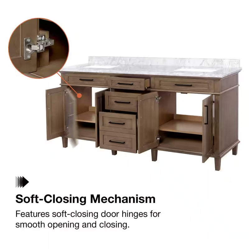 Sonoma 72 In. Double Sink Almond Latte Bath Vanity with Carrara Marble Top (Assembled) - Puck's