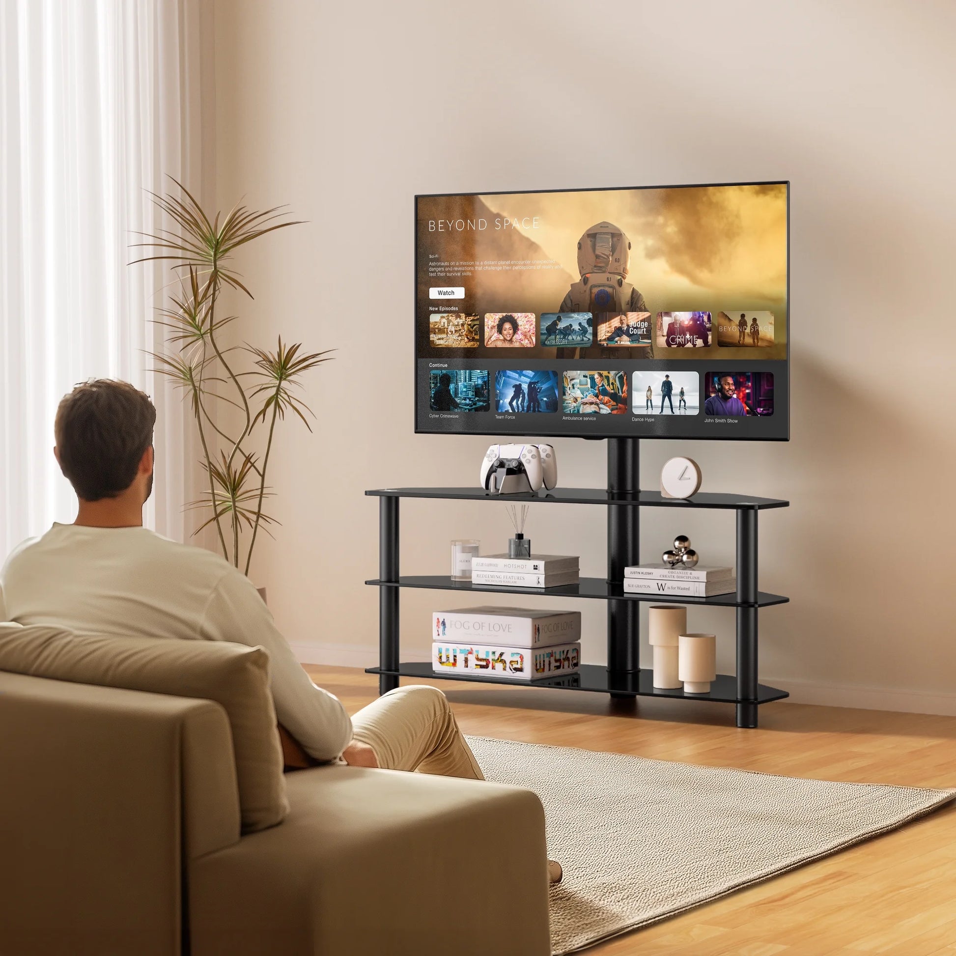 Corner TV Stand, 3-Tier Glass Floor TV Stand with Mount for 32-70" TV - Puck's