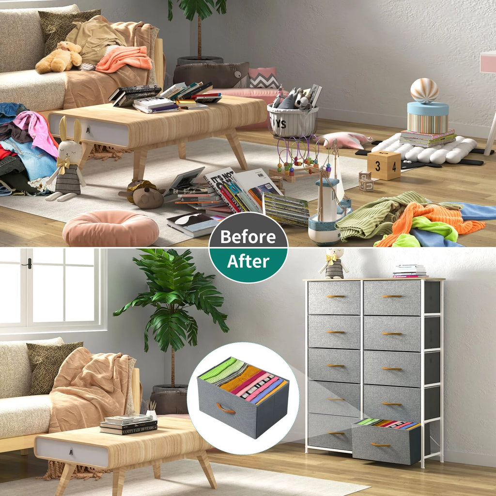 10 Drawer Dresser Chest of Storage Dresser Tall Fabric Dresser Storage Cabinet Bin Nightstand Cabinet, Gray - Puck's