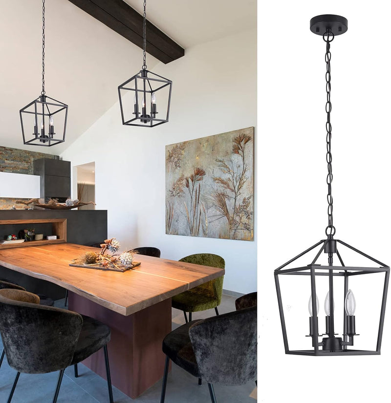 3-Light Industrial Pendant Light Metal Lantern Pendant Lighting Cage Chandelier Adjustable Farmhouse Chandelier for Kitchen Island Foyer Living Room Bar Restaurant,Matte Black - Puck's