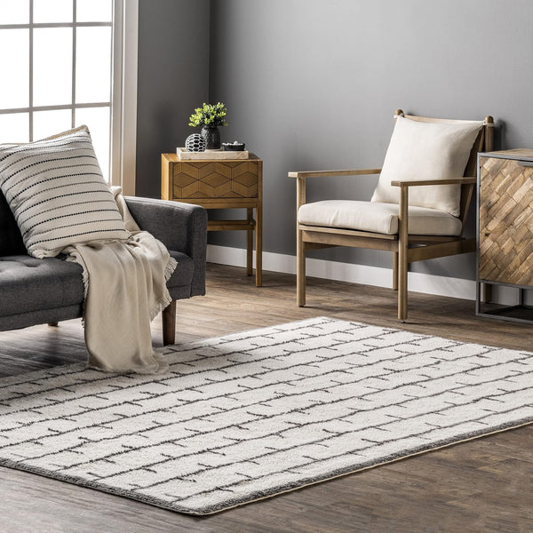 Zelda Machine Washable Wool Modern Geometric Area Rug, 6X9, Ivory - Puck's