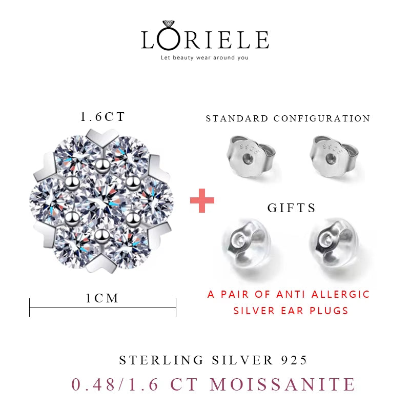 LORIELE Moissanite Diamond Stud Earrings 18K White Gold Plated Silver Flower Eearring for Brilliant Moissanite Party Jewelry - Puck's