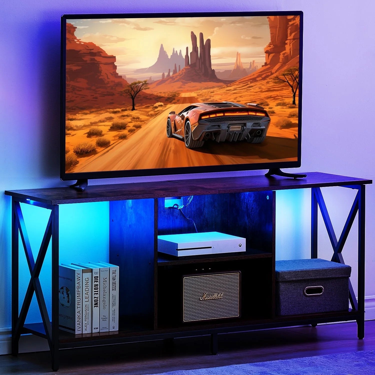 TV Stand for TV up to 65 Inches, TV Console Table with Led Lights & Power Outlets, Black - Puck's