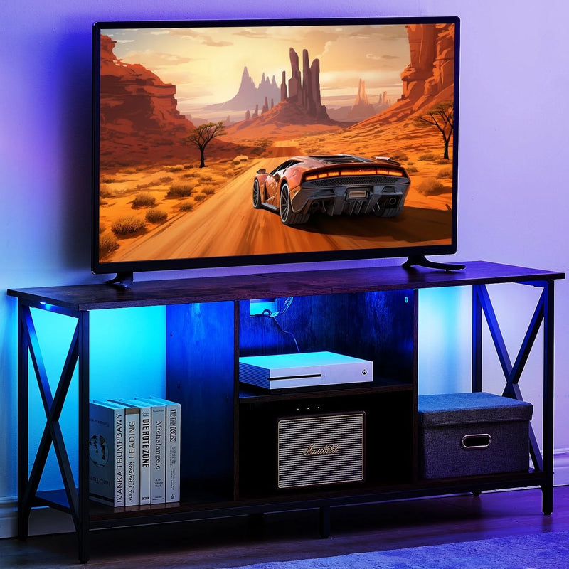 TV Stand for TV up to 65 Inches, TV Console Table with Led Lights & Power Outlets, Black - Puck's