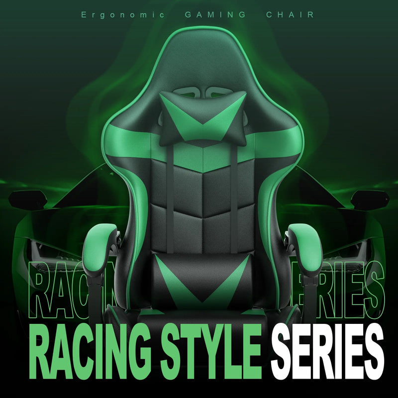 Gaming Chair with Footrest, Ergonomic Swivel Computer Game Chair, Gamer Chair with Headrest & Massage Lumbar Support, Office Desk Chairs, Green - Puck's