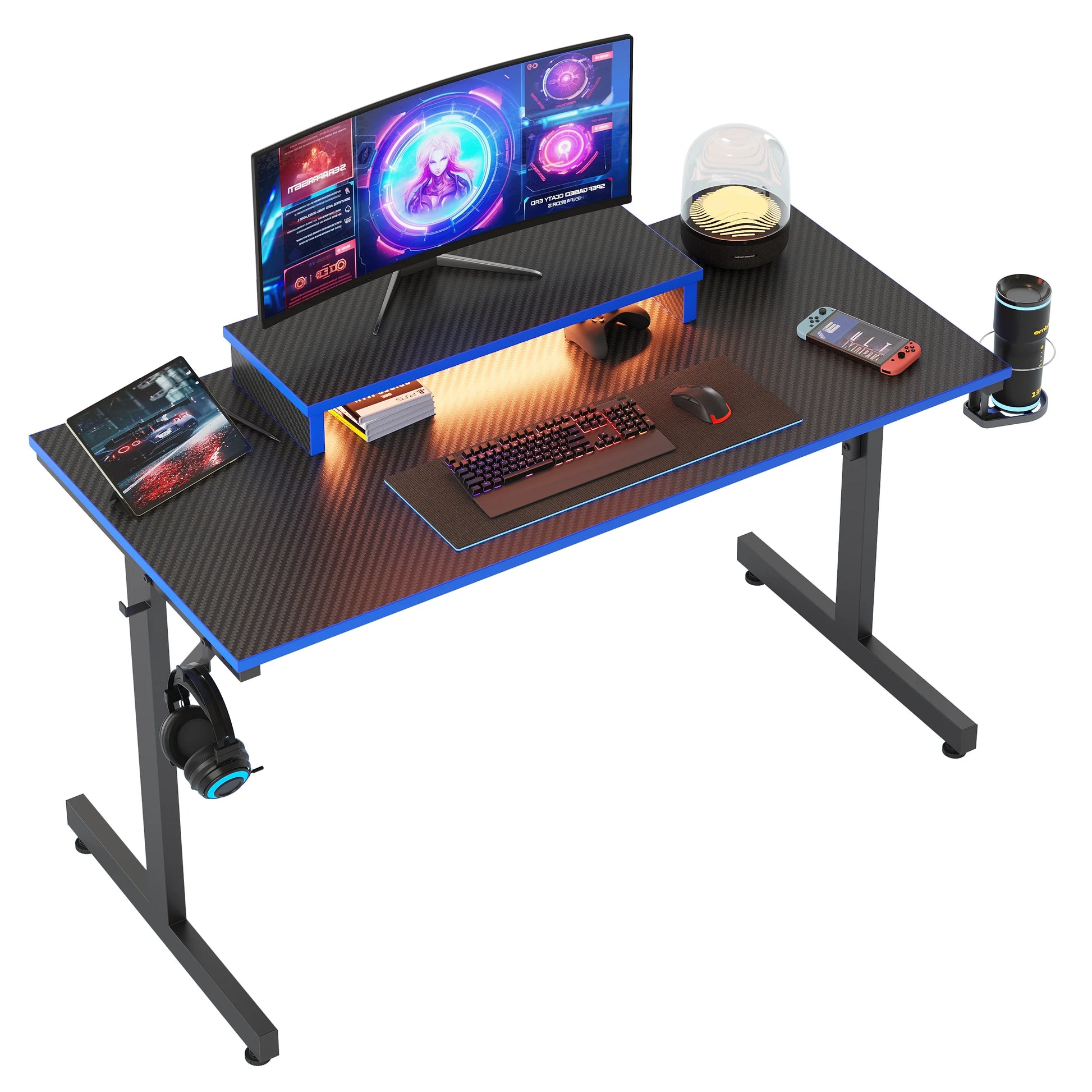 42" Gaming Desk PC Computer Table with LED Lights & Monitor Stand & Hook & Cup Holder in Blue - Puck's