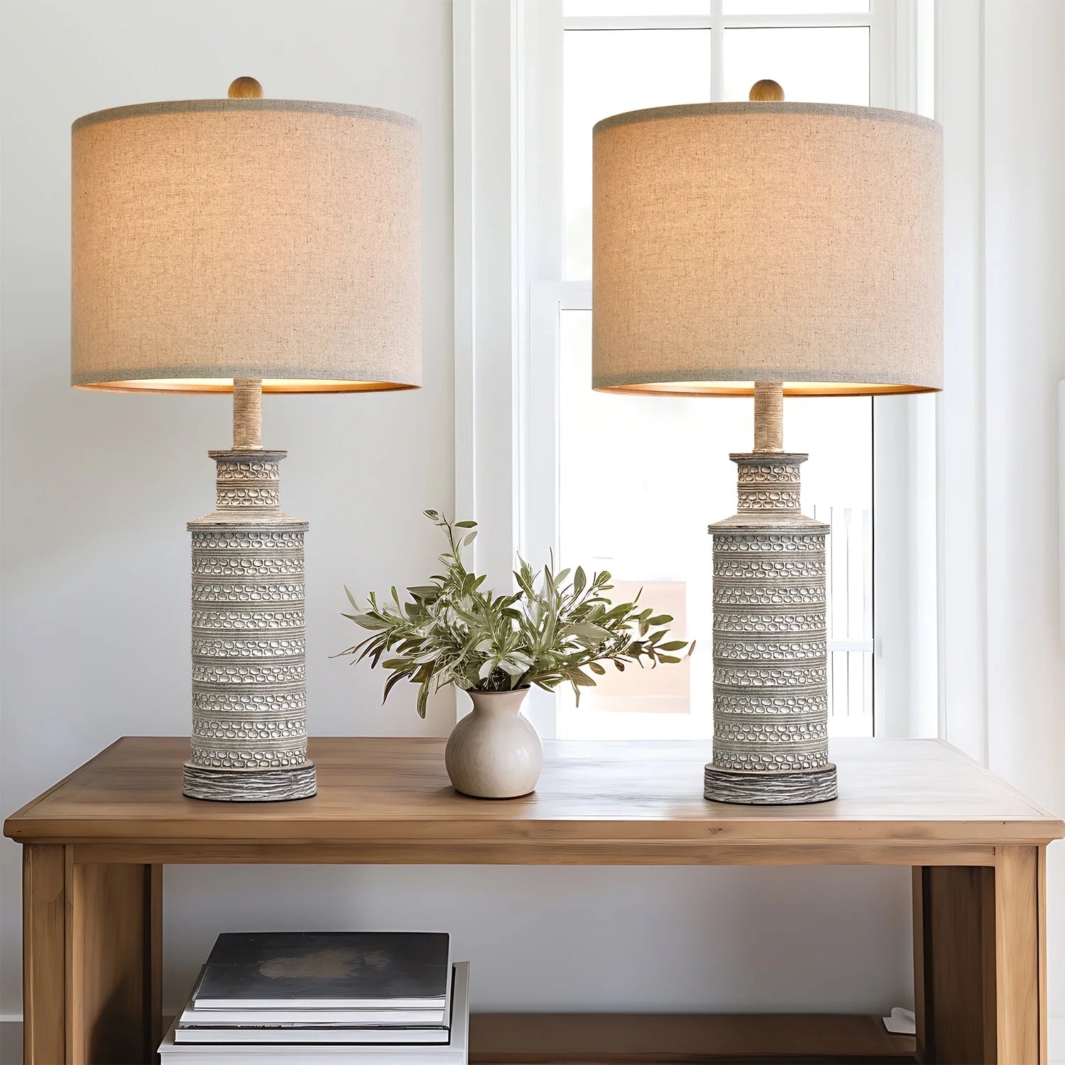 Farmhouse Table Lamps Set of 2 for Living Room Bedroom 24.5" Retro Nightstands Bedside Lamp Sets Resin - Puck's