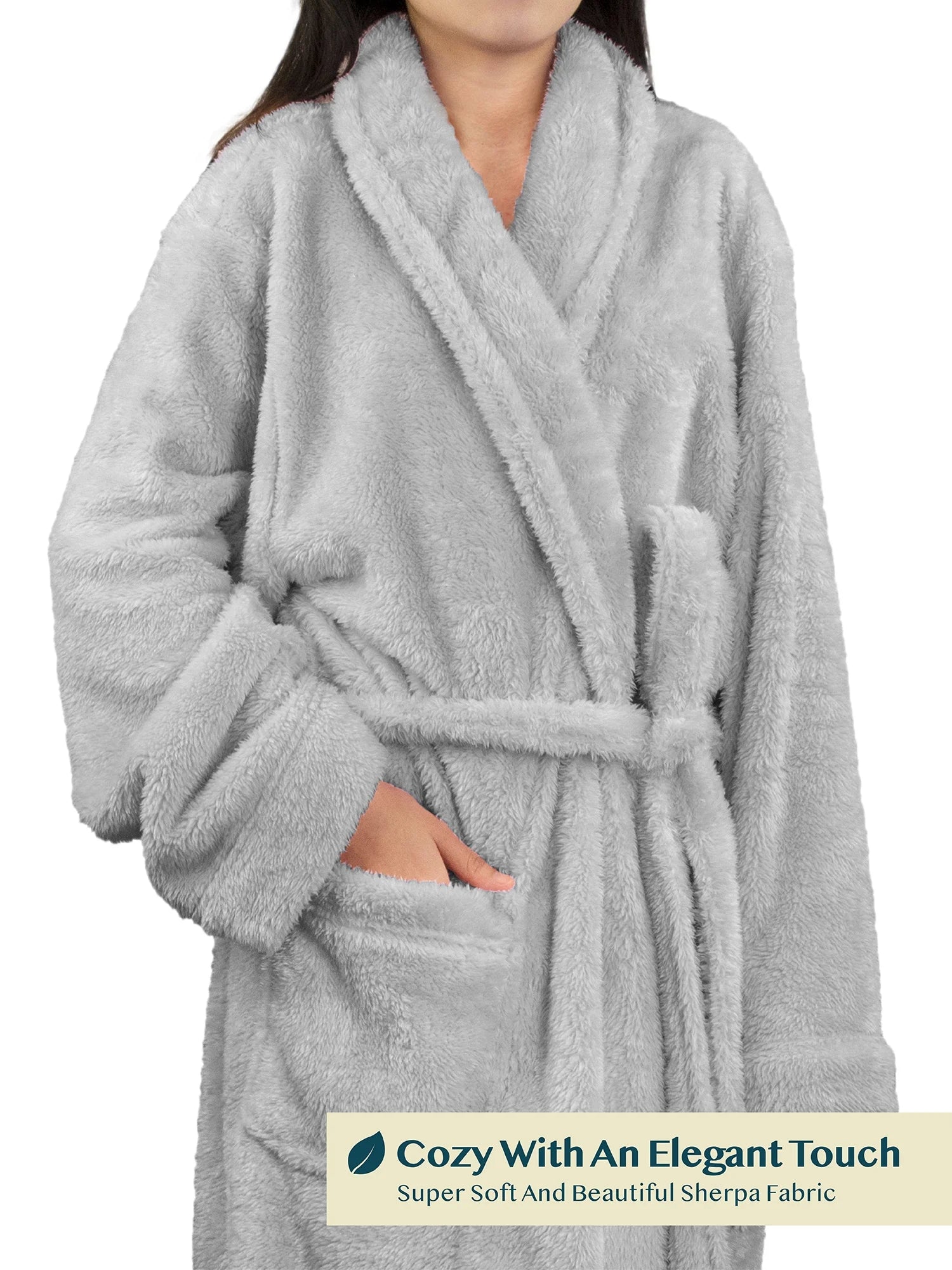 Premium Womens Plush Soft Robe Fluffy, Warm, Fleece Sherpa Shaggy Bathrobe (2XL/3XL, Light Gray)