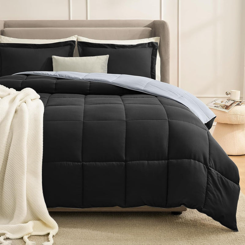 King Size Comforter Set Black, Lightweight Reversible Comforter Sets King Size Bed, Soft down Alternative King Bedding Sets All Season 3 Pcs Bed Set with 2 Shams Black/Light Grey - Puck's