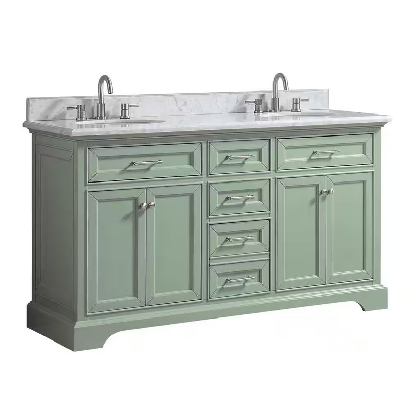 Windlowe 61 In. W Double Sink Green Bath Vanity with White Carrara Marble Top (Assembled) - Puck's