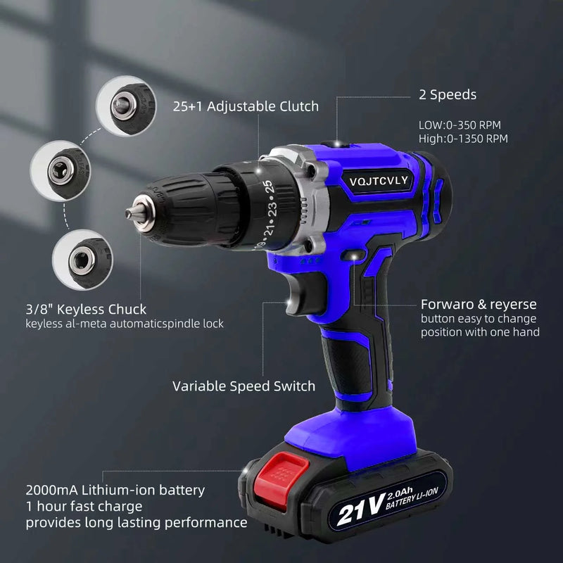 Cordless Drill, 21V Power Drill Set, 25+1 Position Adjustable Torque Electric Drill, 2-Speed Transmission for Screwdriving and Drilling, Blue - Puck's