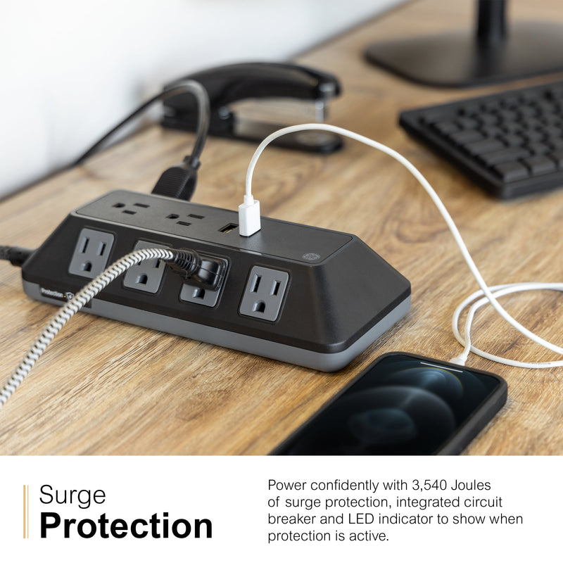 Adapt 10-Outlet Sur Protector Power Strip, USB Hub, 4Ft Braided Cord, Black