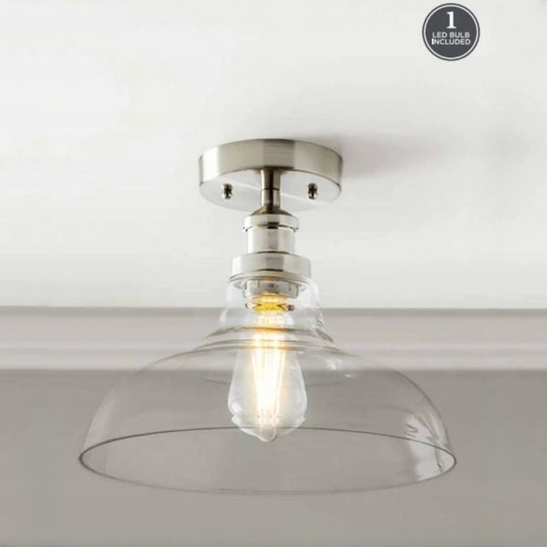 12" Farmhouse Nickel Flush Mount Ceiling Light, Metal Base Clear Glass Shade - Puck's