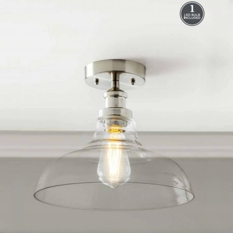 12" Farmhouse Nickel Flush Mount Ceiling Light, Metal Base Clear Glass Shade - Puck's