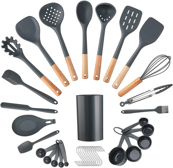 35Pcs  Chef Kitchen Cooking Utensils Set, Non-Stick Silicone Cooking Kitchen Utensils Spatula Set with Holder, Wooden Handle Silicone Kitchen Gadgets Utensil Set -Grey - Puck's