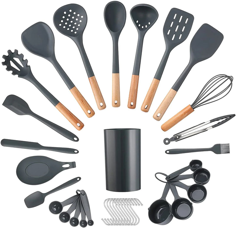 35Pcs  Chef Kitchen Cooking Utensils Set, Non-Stick Silicone Cooking Kitchen Utensils Spatula Set with Holder, Wooden Handle Silicone Kitchen Gadgets Utensil Set -Grey - Puck's