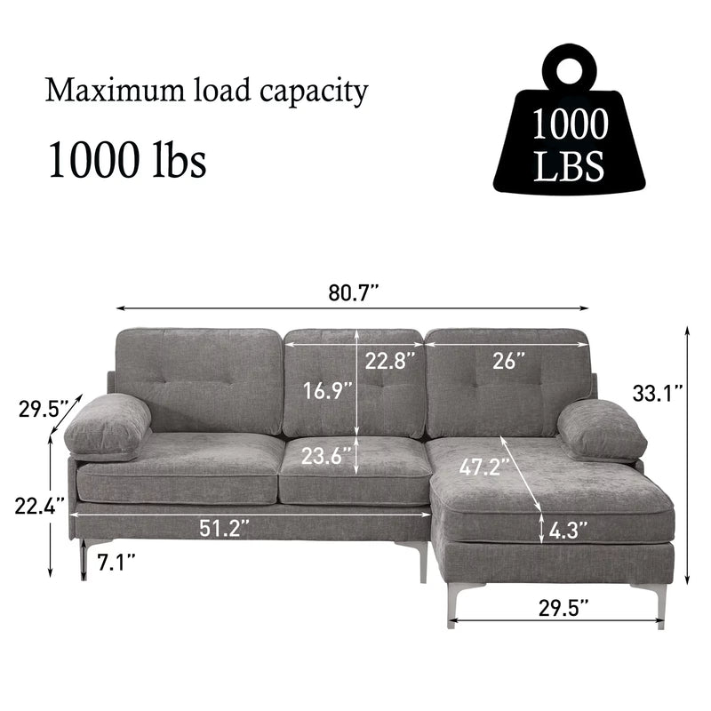 Converteerbare slaapbank, L-vormige bank met omkeerbare chaise lounge, Chenille stof moderne bank voor woonkamer, appartement, kantoor, 3 zitplaatsen, grijs - Puck's