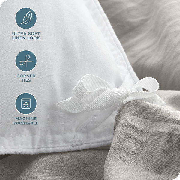 Ultra Soft Washed Microfiber Twin/Twin XL Duvet Cover with Zipper and Securing Ties and 1 Std. Pillow Sham, Linen-Like Look, Easy Care, Hypoallergenic (Twin/Twin XL, Fog) - Puck's