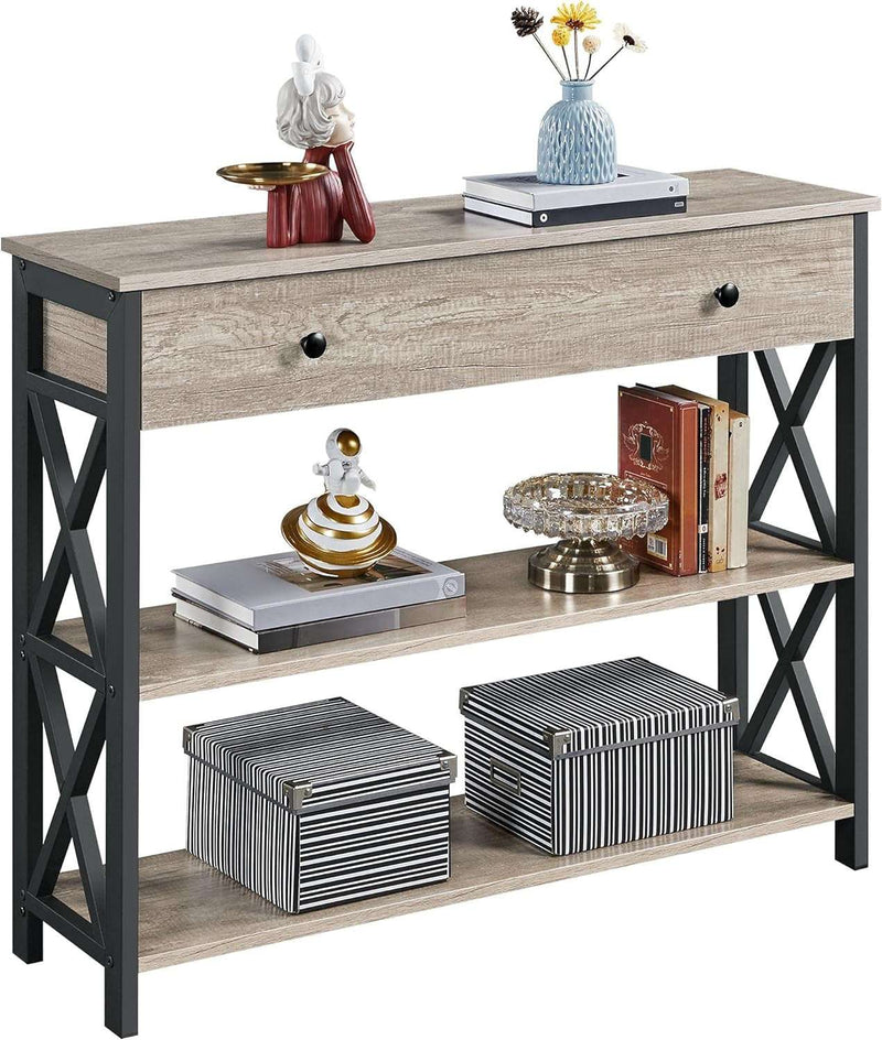 Console Table with Drawer, Entryway Table with 3 Tier Storage Shelves, Narrow Long Sofa Table for Entryway, Living Room, Hallway, Couch, Kitchen, Metal Frame, Gray - Puck's