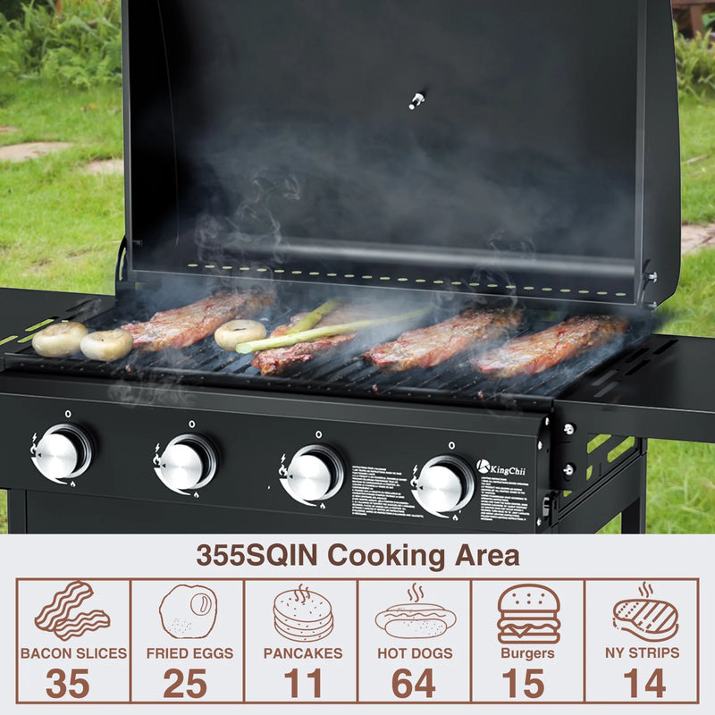 4-Burner Propane Grill, 38,000 Btus Gas Grill with Foldable Side Tables, Built-In Thermometer for Outdoor Grilling, Bbqs and Camping