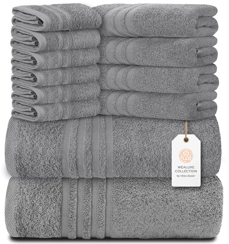 12 Pcs Bath Towel Set for Bathroom Wealuxe Collection 100% Cotton Light Gray - Puck's