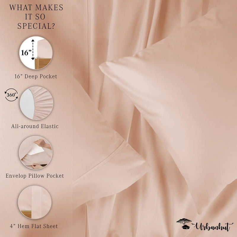 800 Thread Count Queen Size Egyptian Cotton Sheets Set, 4 Pc Bed Sheet Sets for Queen Size Bedding, Luxury Hotel Sheets Sateen Finish Fits 16" Deep Pocket - Blush Pink - Puck's