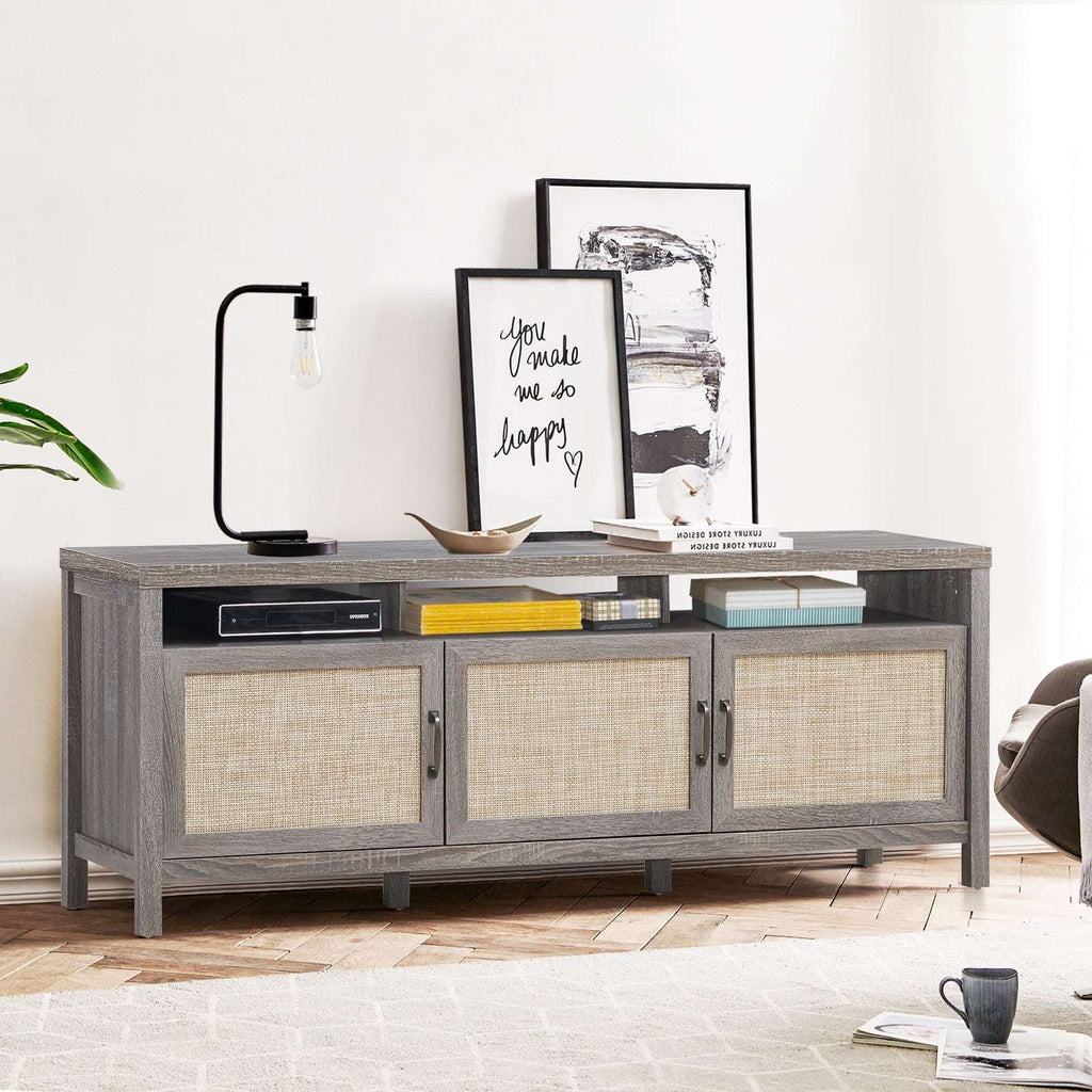 Universal TV Stand Cabinet Television Media Console with 3 Rattan Doors Grey - Puck's