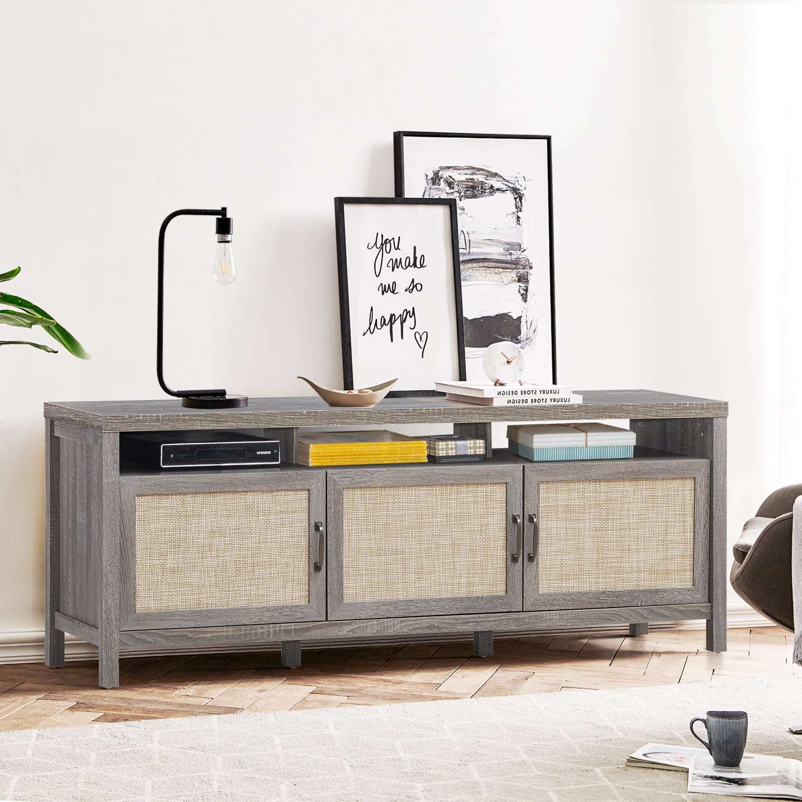 Universal TV Stand Cabinet Television Media Console with 3 Rattan Doors Grey - Puck's