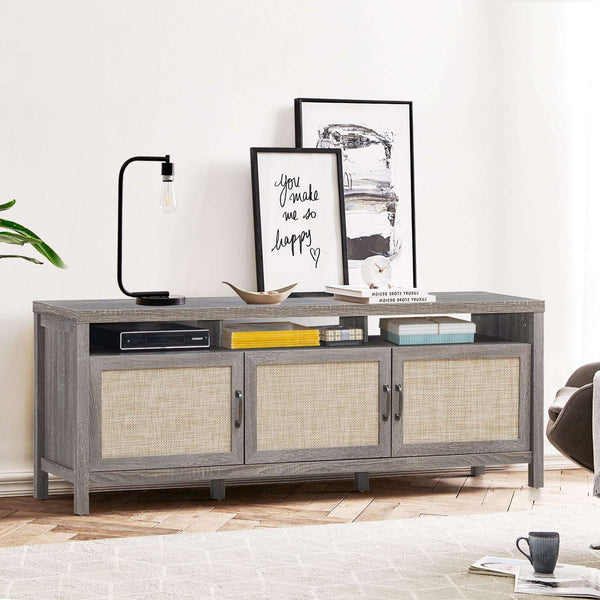 Universal TV Stand Cabinet Television Media Console with 3 Rattan Doors Grey - Puck's
