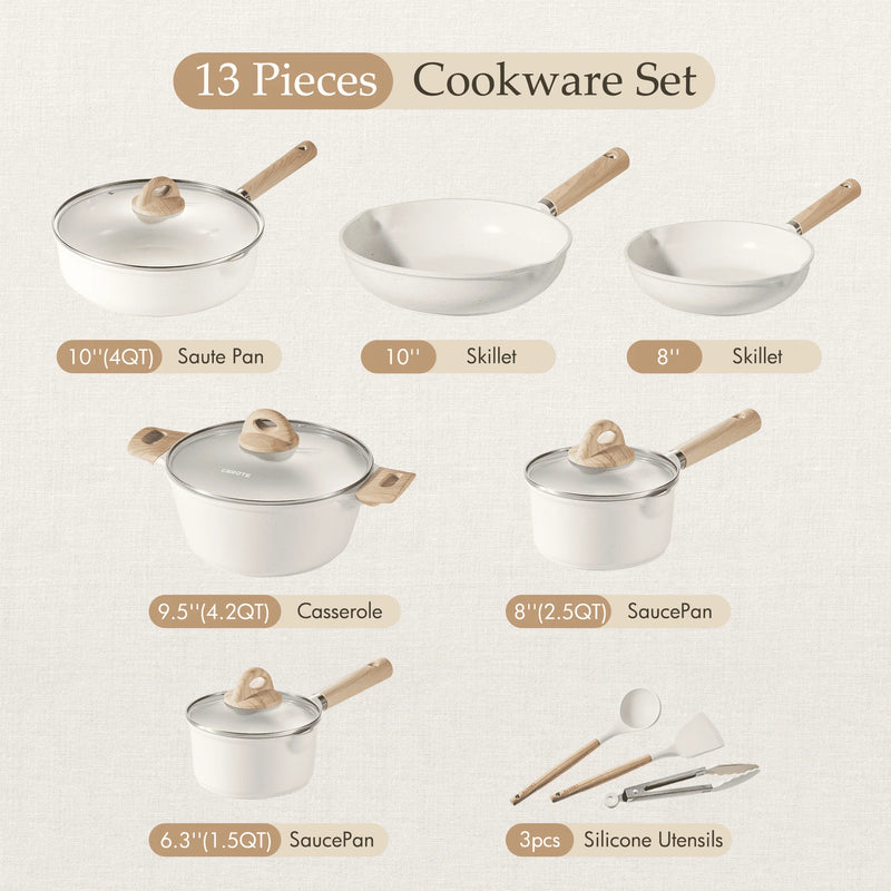Nonstick Pots and Pans Set,13Pcs Induction Kitchen Cookware Sets White Granite - Puck's