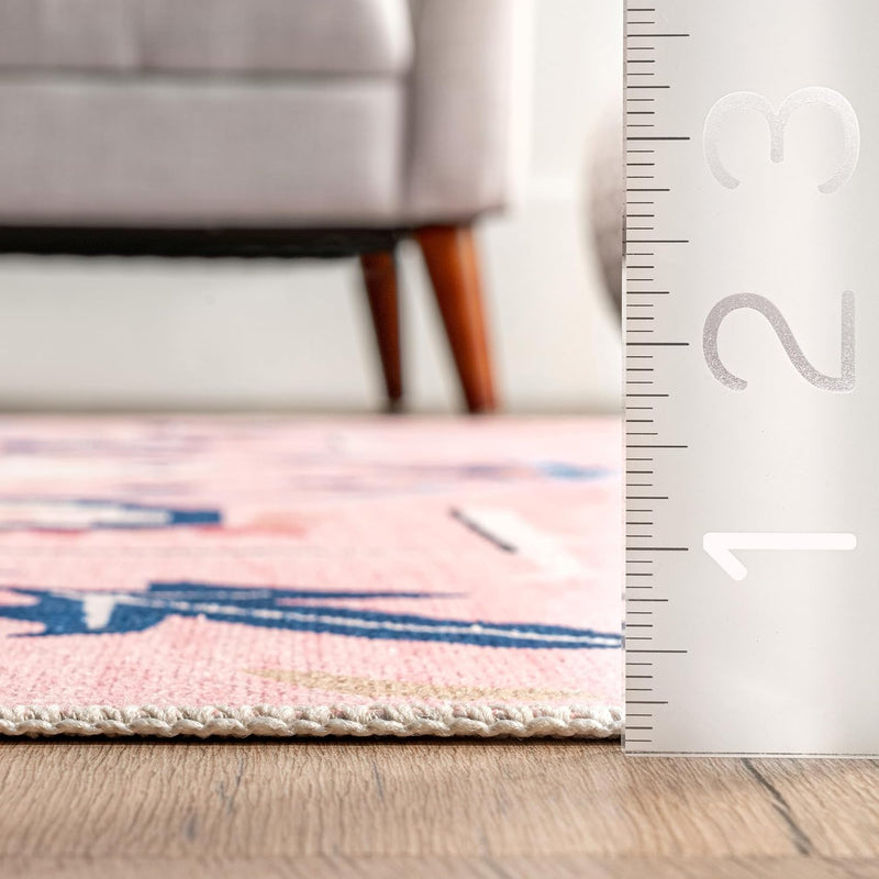 Roxanna Machine Washable Boho Floral Ultra Thin Area Rug, 5' X 8', Pink - Puck's