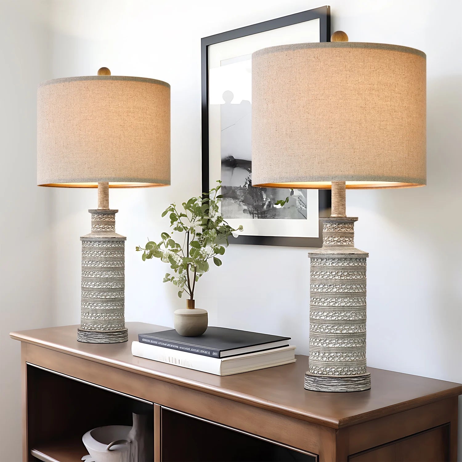 Farmhouse Table Lamps Set of 2 for Living Room Bedroom 24.5" Retro Nightstands Bedside Lamp Sets Resin - Puck's