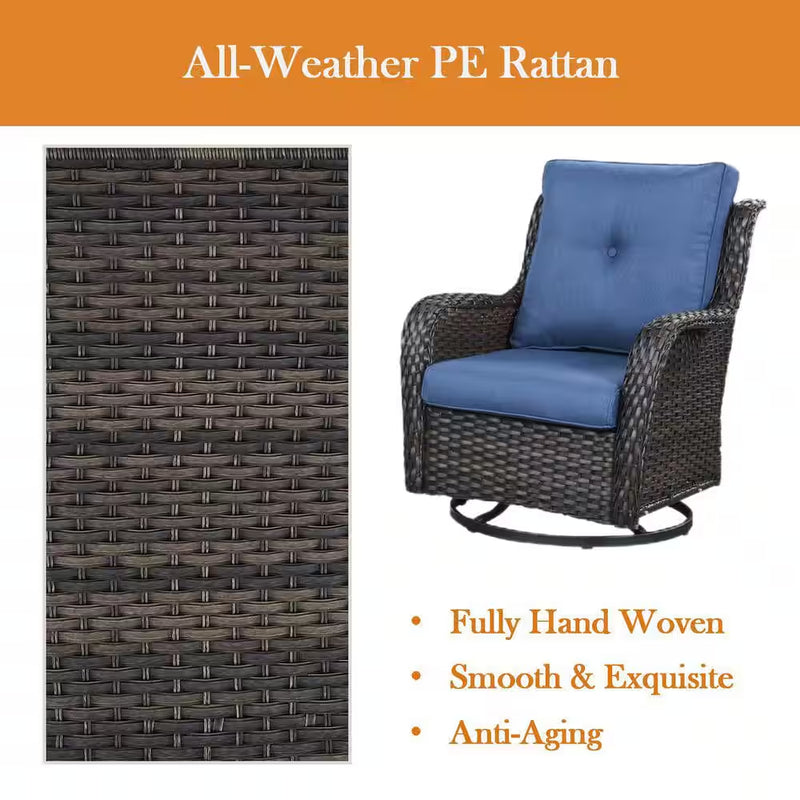 Carolina Brown Swivel Rocking Wicker Outdoor Lounge Chair with Blue Cushions with Ottomans - Puck's