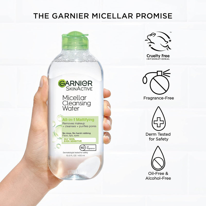 Micellar Water for Oily Skin, Facial Cleanser & Makeup Remover, Mattifying, for All Skin Types, Vegan, Cruelty Free, 13.5 Fl Oz (400Ml), 2 Count - Puck's