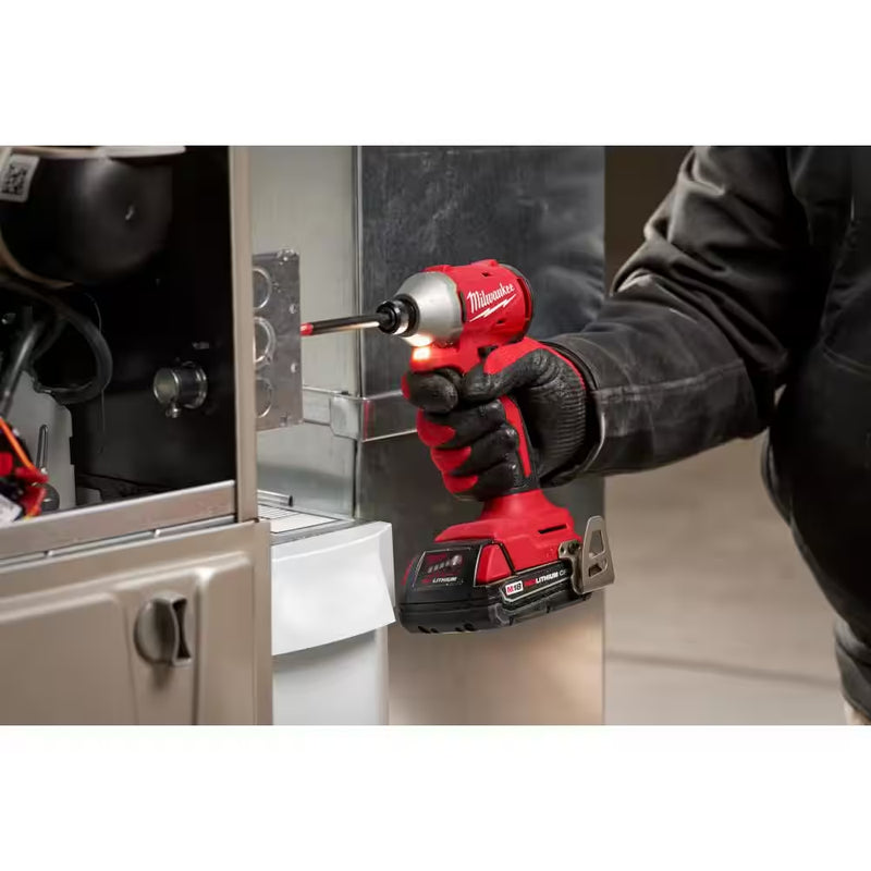 M18 18-Volt Lithium-Ion Compact Brushless Cordless 1/4 In. Impact Driver Kit with One 2.0 Ah Battery, Charger & Tool Bag - Puck's