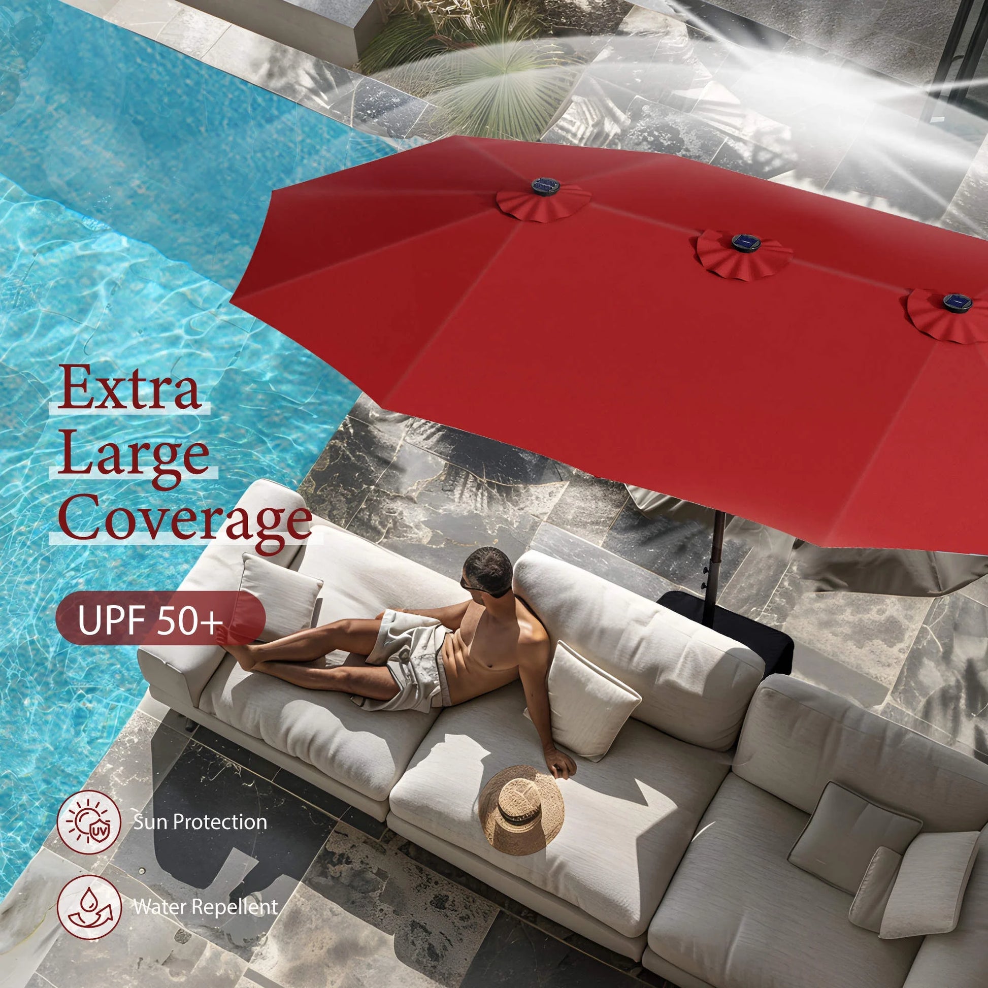 15Ft Double-Sided Solar Patio Umbrella with Base (Included) Large Outdoor Umbrella with Solar Lights - Burgundy - Puck's