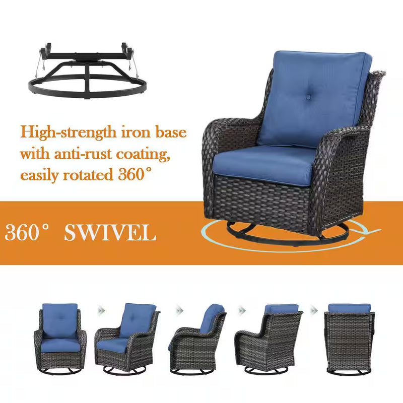 Carolina Brown Swivel Rocking Wicker Outdoor Lounge Chair with Blue Cushions with Ottomans - Puck's