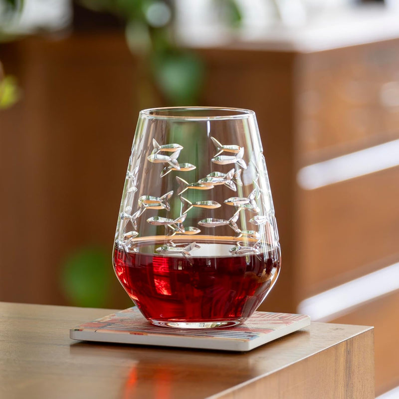 | School of Fish Stemless Tumbler | Stemless Wine Glasses 18Oz | Lead-Free Glass | Engraved and Polished in Pennsylvania | US Made (Set of 4) - Puck's