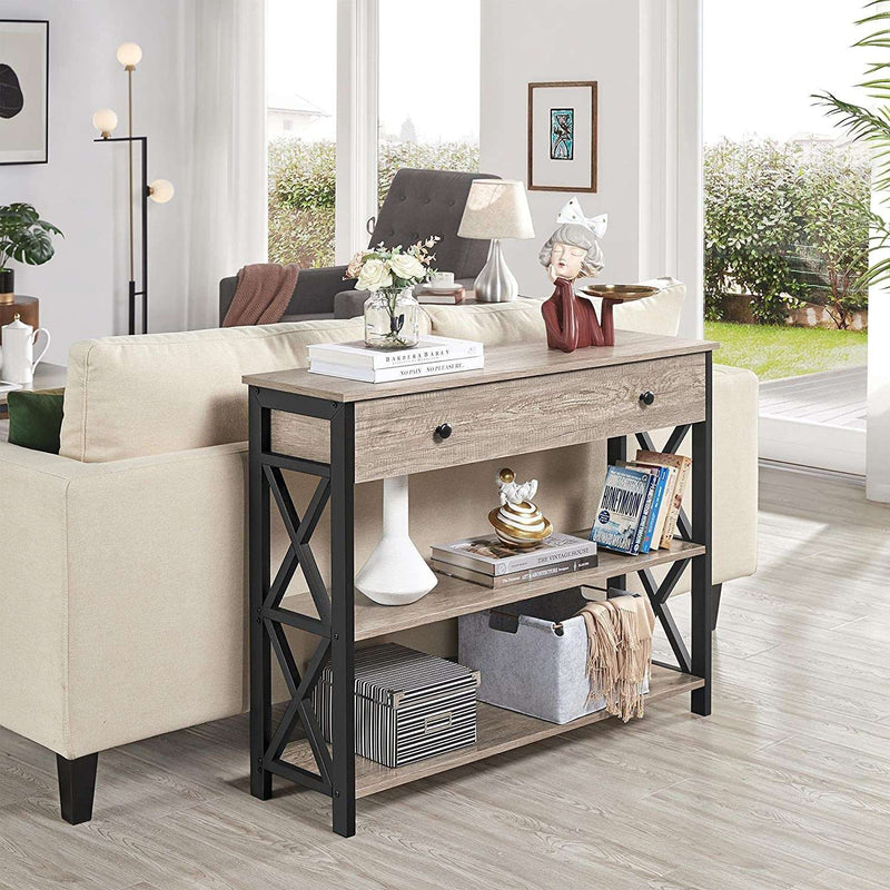 Console Table with Drawer, Entryway Table with 3 Tier Storage Shelves, Narrow Long Sofa Table for Entryway, Living Room, Hallway, Couch, Kitchen, Metal Frame, Gray - Puck's