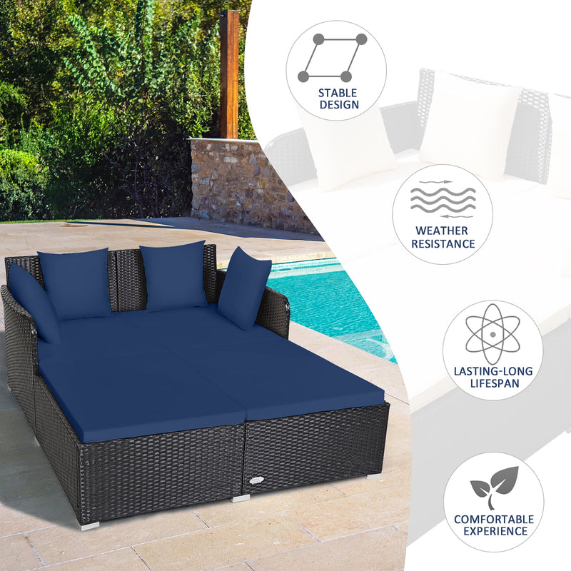 Outdoor Patio Rattan Daybed Pillows Cushioned Sofa Furniture Navy - Puck's
