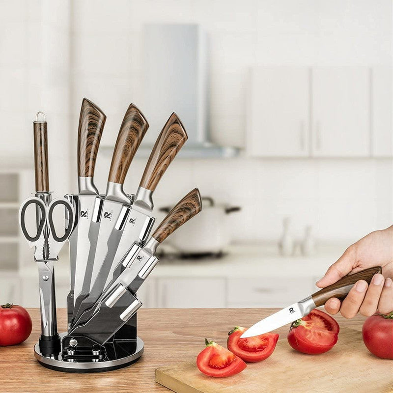 Kitchen Knife Block Set 8 Stainless Steel Knives with Wooden Color - Puck's