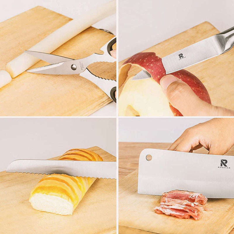 Kitchen Knife Block Set 8 Stainless Steel Knives with Wooden Color - Puck's