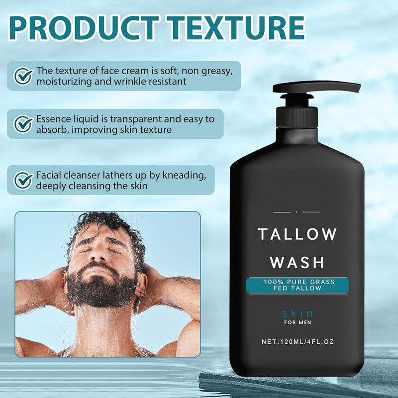Wrinkle Defense Tallow Balm,Skin Care for Men,Natural Tallow Moisturizer Face,Beef Tallow Balm Face Moisturizer,Diminish Fine Lines,Wrinkles | Mens Skincare Kit(Cream & Face Wash & Night Serum) - Puck's