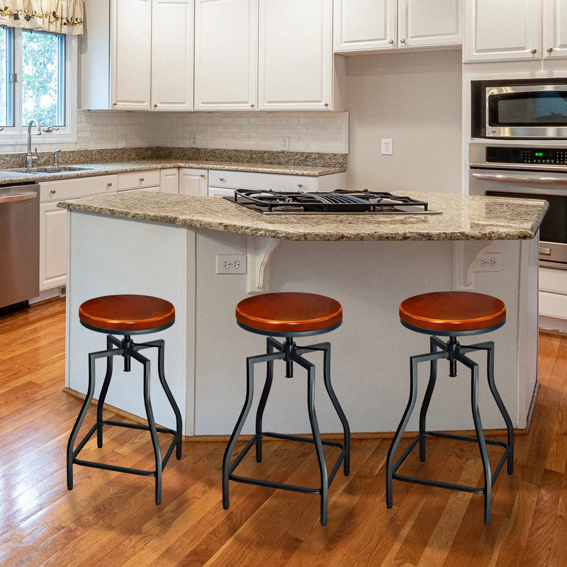 Industrial Adjustable Swivel Metal Kitchen Counter Stool with Wood Veneer Seat, Rustic Brown and Black, Set of 3 - Puck's
