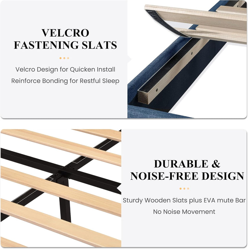 Full Platform Bed Frame with Upholstered Fabric Headboard, Mattress Foundation with Strong Wooden Slats Support, No Box Spring Needed, Blue - Puck's